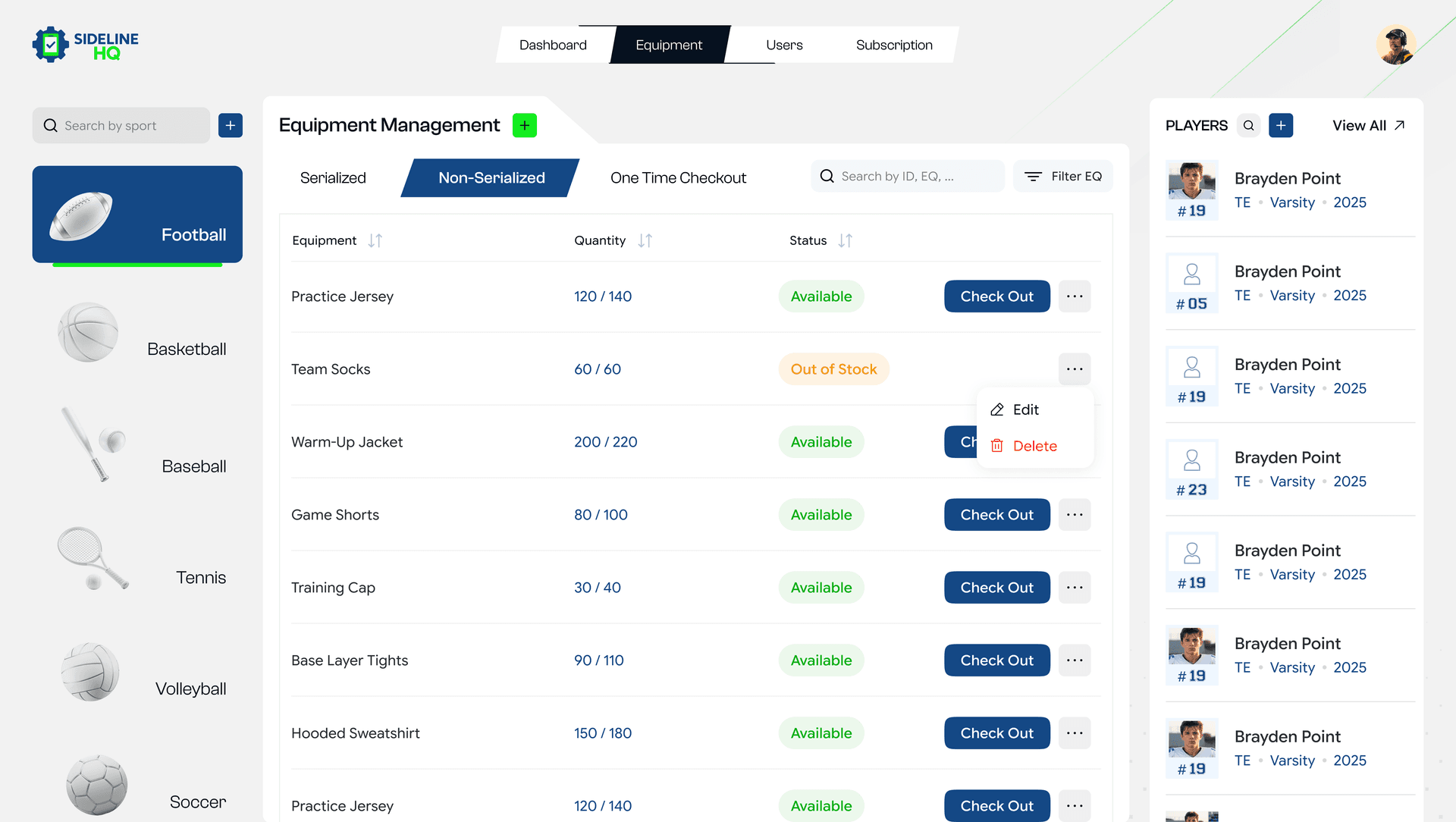SidelineHQ equipment view with player assignments