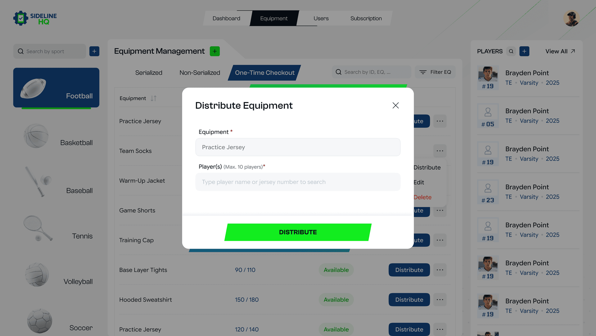 SidelineHQ non-serialized equipment checkout