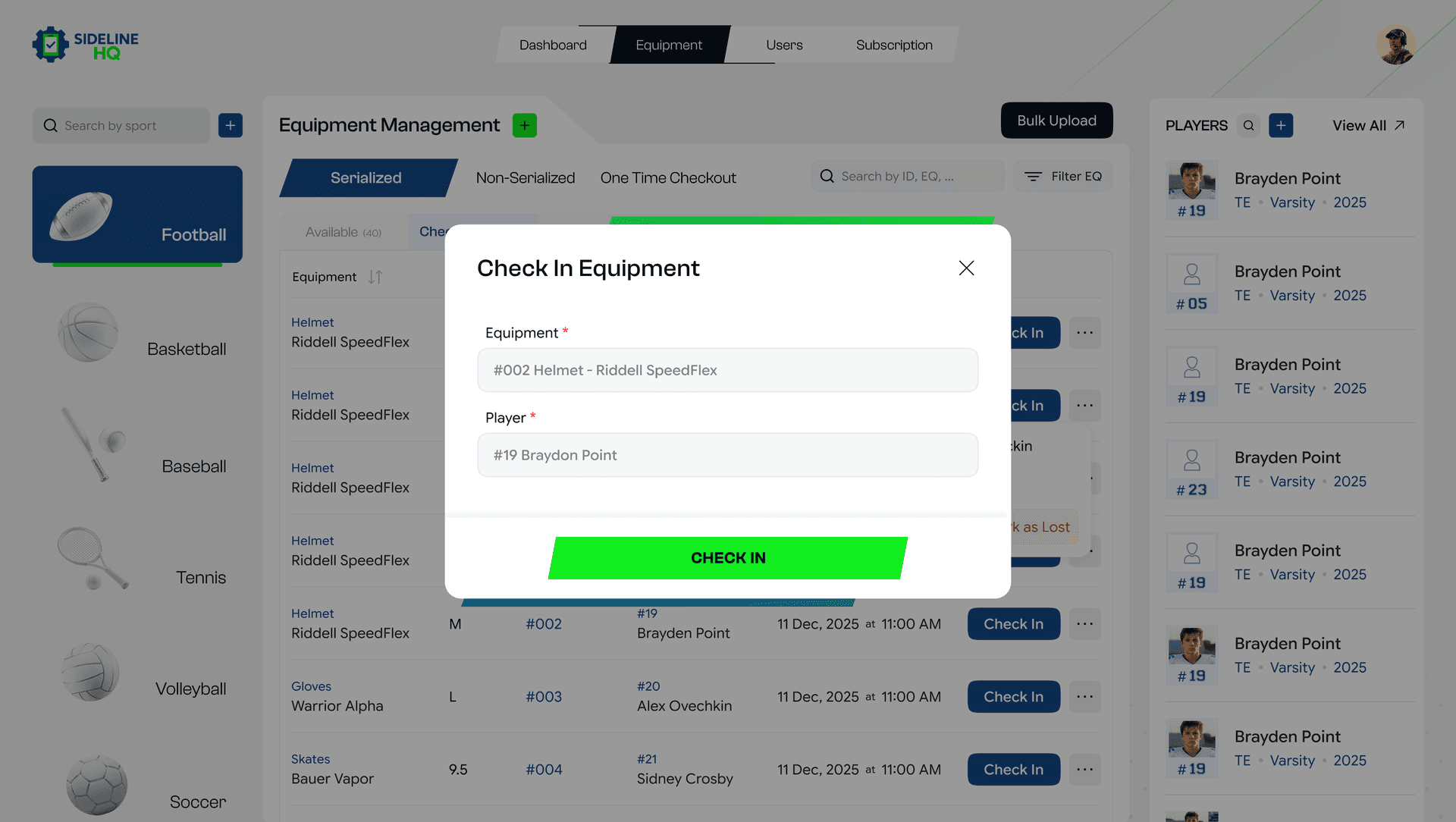 SidelineHQ serialized equipment check-in flow