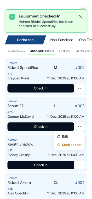 SidelineHQ mobile check-in confirmation
