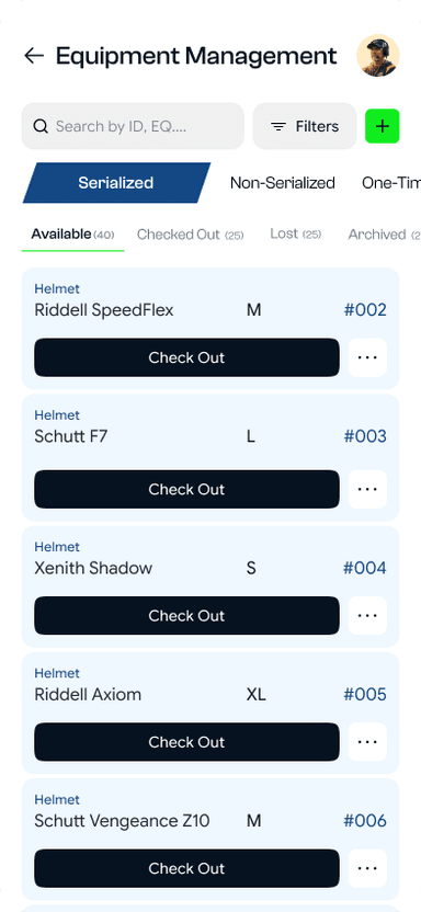 SidelineHQ mobile equipment list